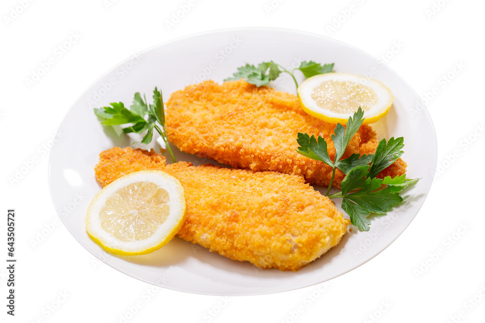 plate of chicken schnitzel isolated on transparent background