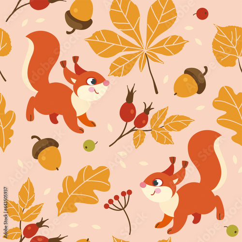 Colorful autumn seamless pattern with cute squirrel, acorn, rosehip, leaves in flat style. Endless texture for fabric, clothes, background, textile, wallpaper. Vector illustration.