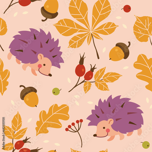 Colorful autumn seamless pattern with cute hedgehog, acorn, rosehip, leaves in flat style. Endless texture for fabric, clothes, background, textile, wallpaper. Vector illustration.
