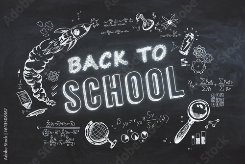 Creative back to school sketch on chalkboard background. Education, knowledge, and wisdom concept. photo