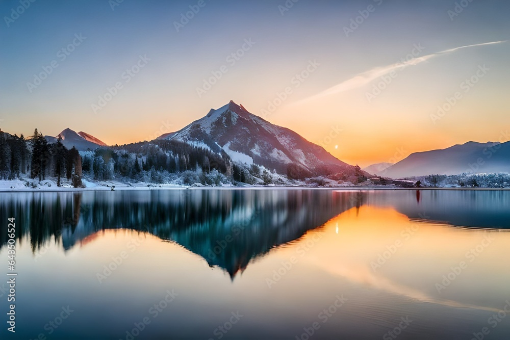 Sunrise on Lake with snow covered mountain, view from above