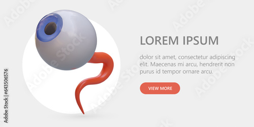 3D human eye. Services of oculist. Inspection and vision correction. Hardware exercises, selection of glasses. Horizontal template for web advertising. Landing page button