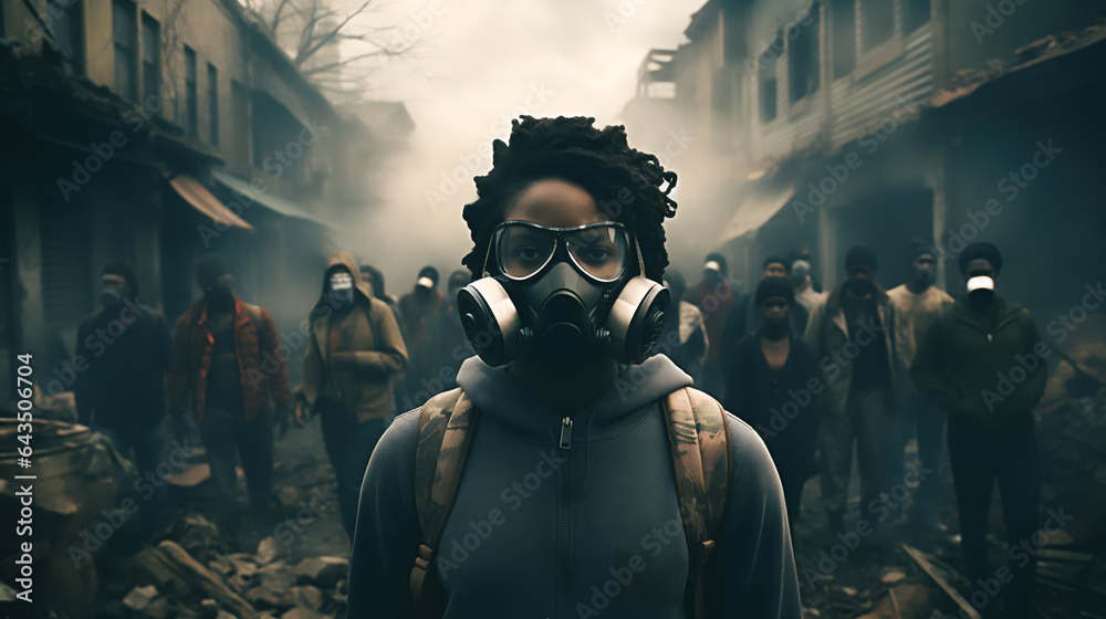 A powerful image depicting a distressed, urban neighborhood with dilapidated buildings, surrounded by smog-filled air. In the foreground, a diverse group of black individuals wear face masks - obrazy, fototapety, plakaty 