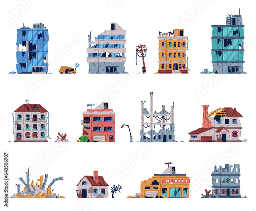 Destroyed Buildings and Broken Ruined Houses Vector Set