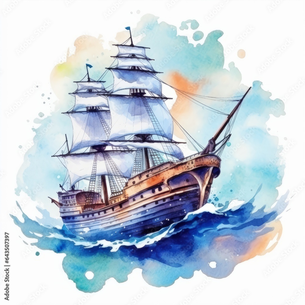 Watercolor illustration fairy tale ship at sea with white sails on white background.