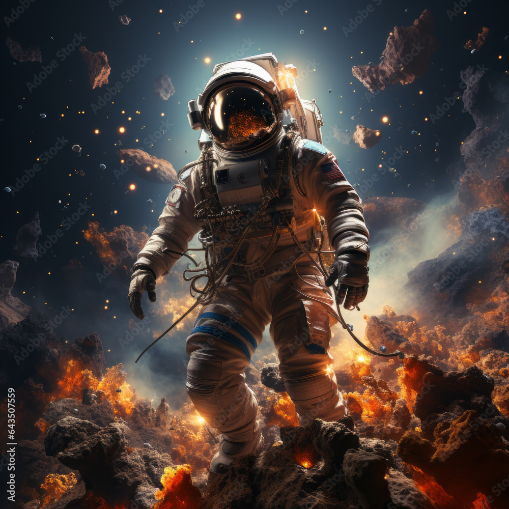 Astronaut on the in the lava mountain Astronaut on the in the lava mountain