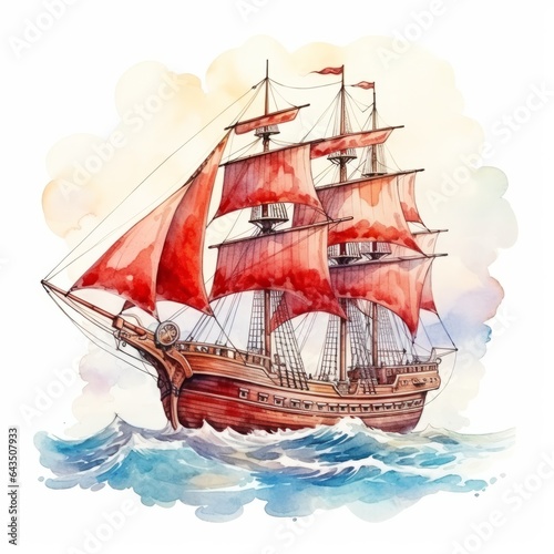 Watercolor illustration fairy tale ship at sea with red sails on white background.