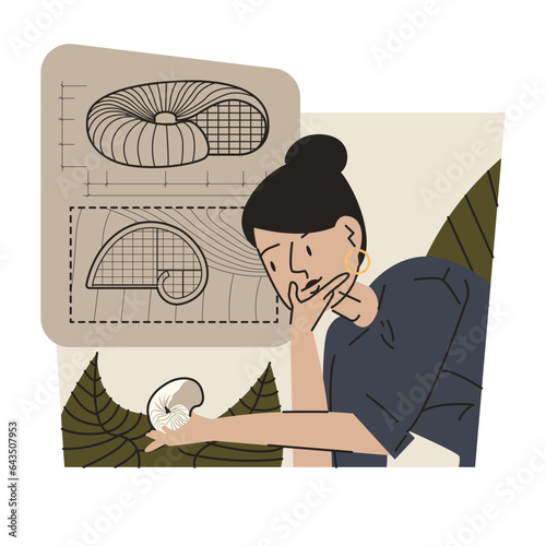 Young female holding snail shell and thinking. Architect working on bionic style building project. Construction in shape of snail. Flat vector illustration in cartoon style