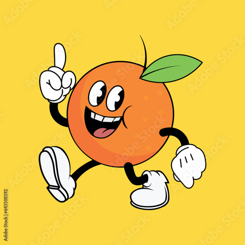 orange fruit mascot walking, index finger pointing up, flat cartoon character