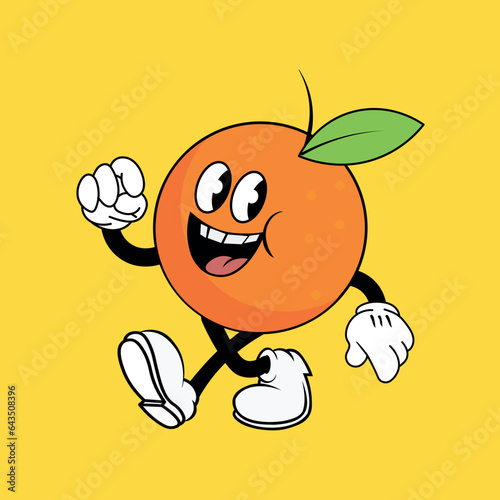 orange fruit mascot walking, flat cartoon character. cartoon mascot