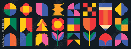 Set of abstract retro geometric shapes vector. Collection of contemporary figure, flower, pencil in 70s groovy style. Bauhaus Memphis design element perfect for banner, print, stickers, decor.