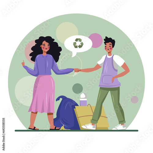 Female standing near man and teaching him to sort waste. Recycling of plastic, paper and organic waste concept. Flat vector illustration in green colors in cartoon style