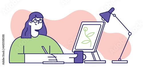 Female flat character of a graphic designer at workplace. Freelancer woman sitting at the desk creating design. Artist drawing on computer. Vector illustration