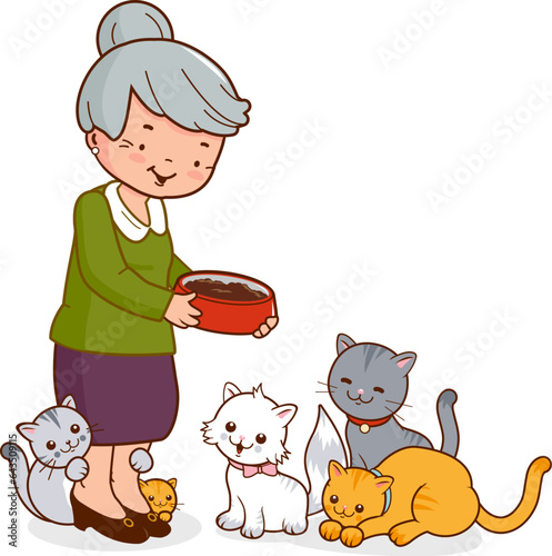 Elderly woman feeding her cats. Vector illustration