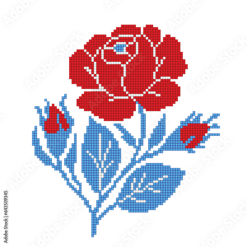 Realistic Cross-Stitch Embroideried Rose. Ethnic Floral Motif, Handmade Stylization. Traditional Ukrainian Red and Blue Embroidery. Ethnic Single Design Element. Vector 3d Illustration