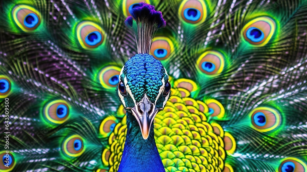 Fototapeta premium beautiful male indian peacock. Close-Up Of A Peacock With Spread Wings.