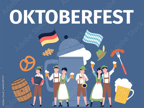 Oktoberfest party concept. German cartoon people dance in bavarian traditional costume. Munich festival, brewery elements recent vector scene