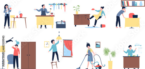 Injuries at home. Household accident, burns and electric shock. Adults doing house work and has problems. Healthcare, attention recent vector scenes