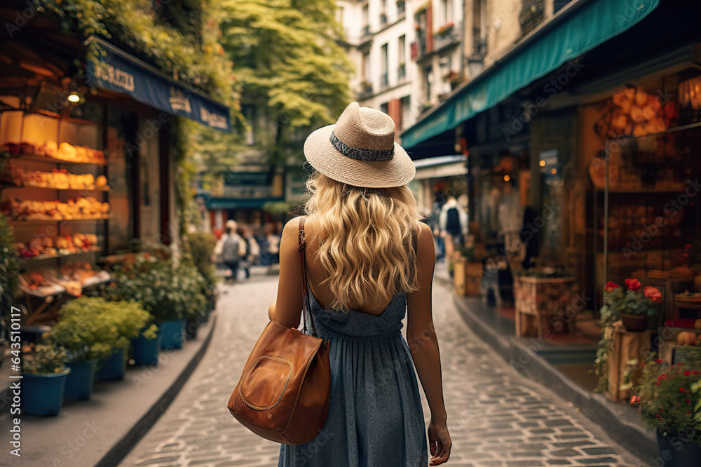 Exploring France's Charm Adventurous Blond Woman with Backpack Embraces Tourist Concept during Vacation. created with Generative AI