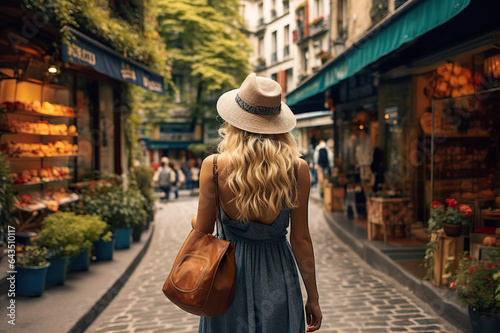 Exploring France's Charm Adventurous Blond Woman with Backpack Embraces Tourist Concept during Vacation. created with Generative AI