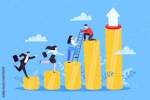 Business mentor helps improve career and money stacks growing. He holds stairs steps vector illustration. Mentorship, upskills, climb help self development strategy flat style design business concept.