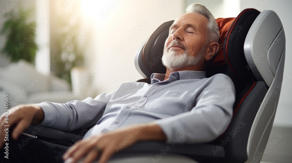 Senior man relaxing therapy on the massage chair in living room. Modern electric massage chair. Senior man relaxing therapy on the massage chair in living room. Modern electric massage chair.