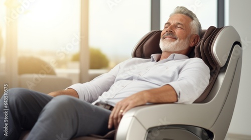 Senior man relaxing therapy on the massage chair in living room. Modern electric massage chair. photo