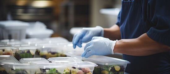 Cafe worker packing food delivery meals closeup shot