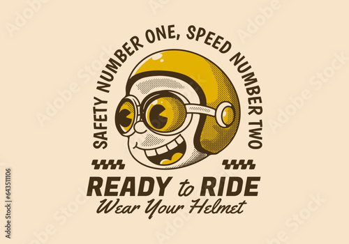 Ready to ride. Wear your helmet. Retro illustration of a boy head wearing helmet