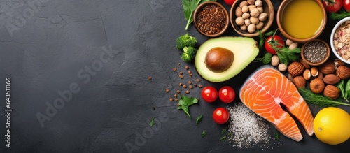 Assorted healthy foods with low cholesterol including spinach avocado red wine green tea salmon tomato berries flax and chia seeds turmeric garlic nuts and olive oil