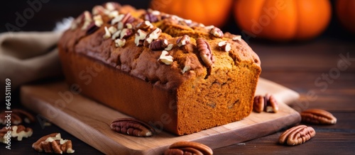 Top view of pumpkin bread with pecan nuts on a wooden table perfect for text placement