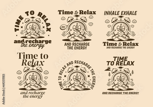 Time to relax and recharge energy, alarm clock mascot character in meditation pose