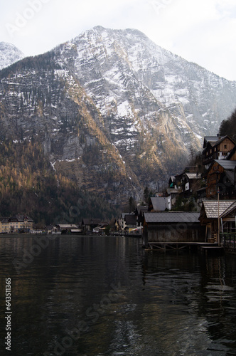 Hallstatt town in Austria surrounded by Alps. Vilage in mountains.