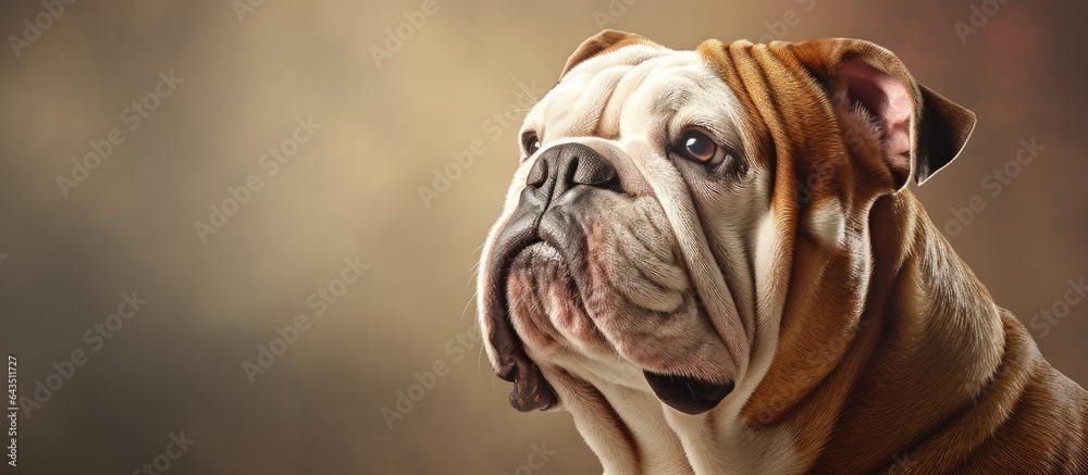 Close up photograph of a magnificent elderly English bulldog gazing towards the left side with empty area