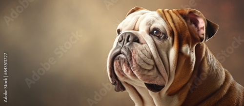 Close up photograph of a magnificent elderly English bulldog gazing towards the left side with empty area