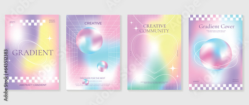 Idol lover posters set. Cute gradient holographic background vector with vibrant colors, heart, sparkle, pixel. Y2k trendy wallpaper design for social media, cards, banner, flyer, brochure.