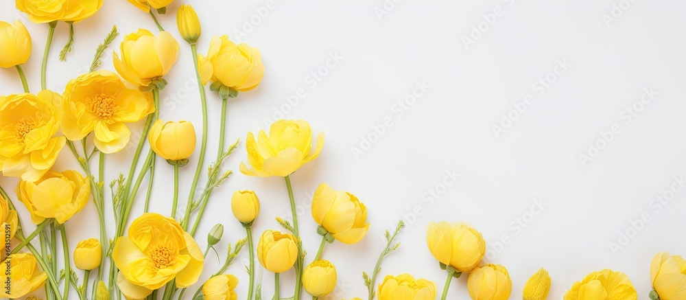 Top view frame of yellow Trollius or Globeflower on light background modern still life image with copy space Top view frame of yellow Trollius or Globeflower on light background modern still life image with copy space
