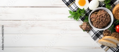 Breakfast table scene featuring haggis on a white wood background