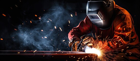 Selective focus on industrial welding steel structure of Petrochemicals or Oil Gas on black background Ideal for process fluxed cored arc welding with copy space for your text