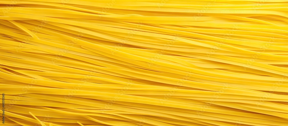 Close up of yellow spaghetti pasta with an Italian pattern on a background Close up of yellow spaghetti pasta with an Italian pattern on a background