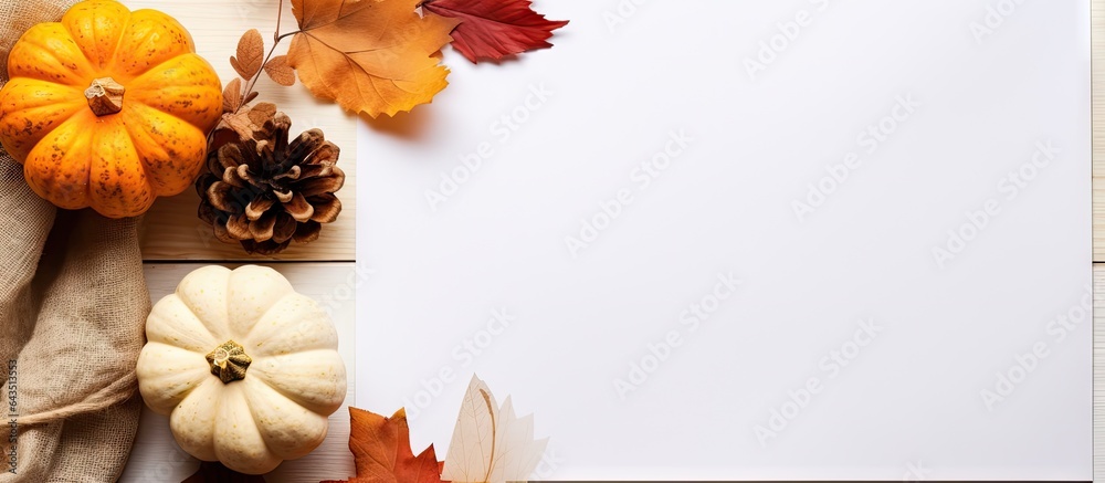 Fototapeta premium Fall themed flat lay with empty paper and dried leaves alongside a pumpkin on a table Copy space