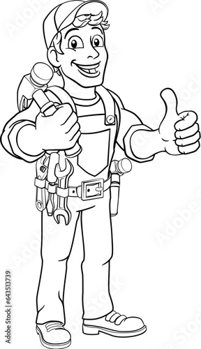 A handyman carpenter or builder cartoon man holding a hammer. Construction maintenance worker or DIY character mascot. Giving a thumbs up.