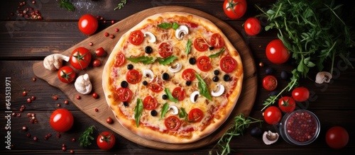 Traditional Italian pizza with a variety of homemade delicious toppings Top down view with space for copy