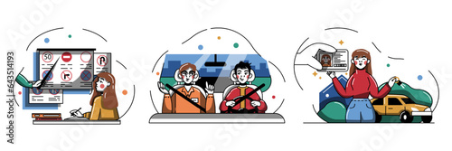 Student drives car under supervision of instructor. Young lady passing driving test concept. Practice at driving school. Learning and getting driving license. Flat vector illustration