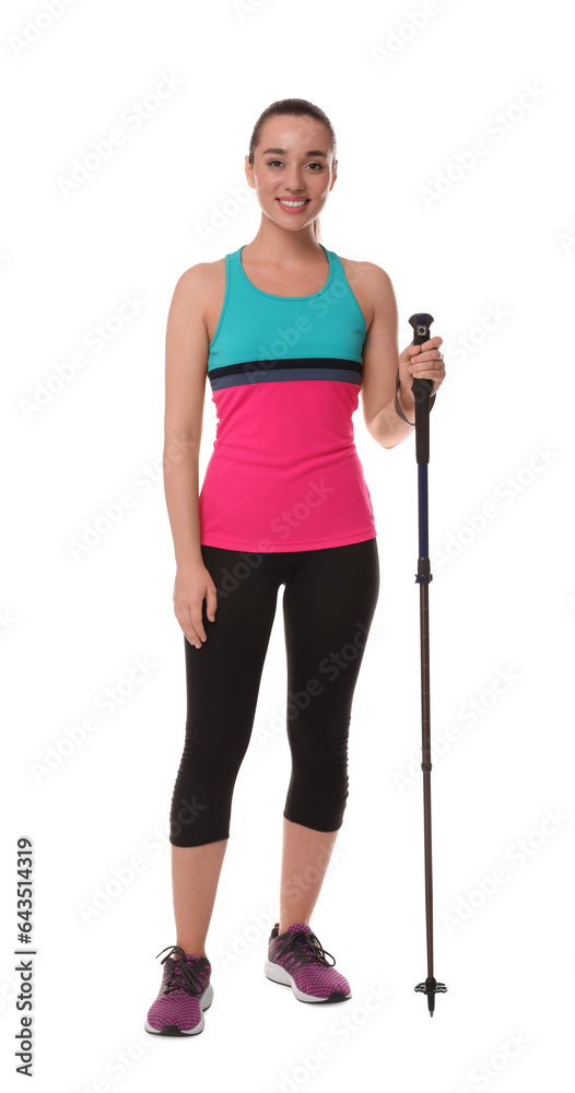 Woman with pole for Nordic walking isolated on white