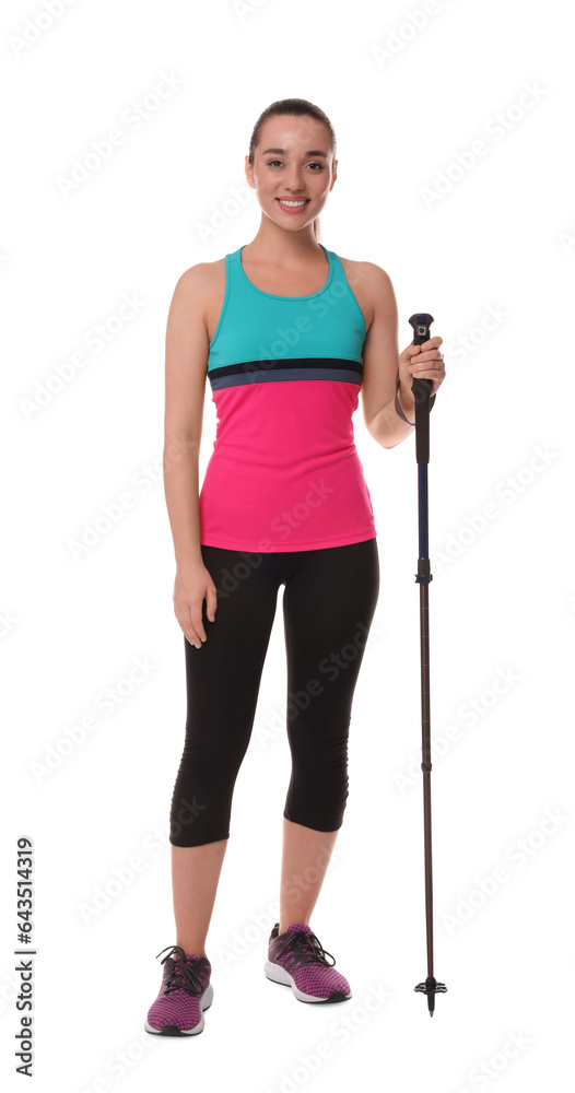 Woman with pole for Nordic walking isolated on white Woman with pole for Nordic walking isolated on white