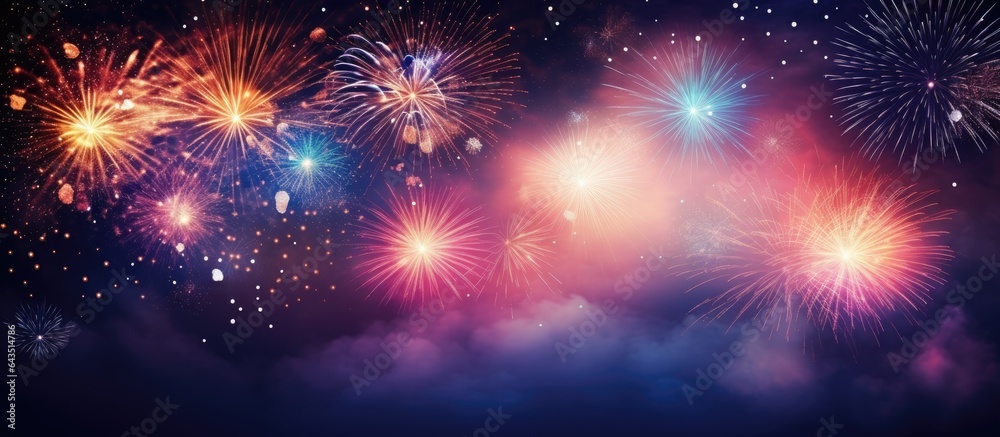 Close up abstract background of fireworks in the night sky with space for text