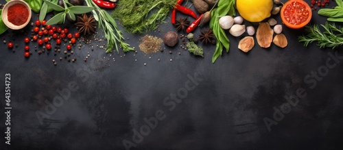 Assorted cooking ingredients on black slate table Top view copy space