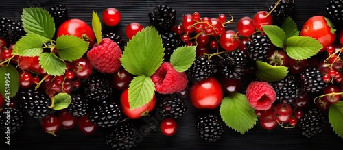 Assorted summer fruits including blackberries blackcurrants cherries raspberries and gooseberries arranged from a bird s eye view on a background © vxnaghiyev