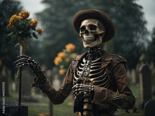 Dark Attire in Eerie Cemetery: Creepy Skeleton Doll for Halloween Horror